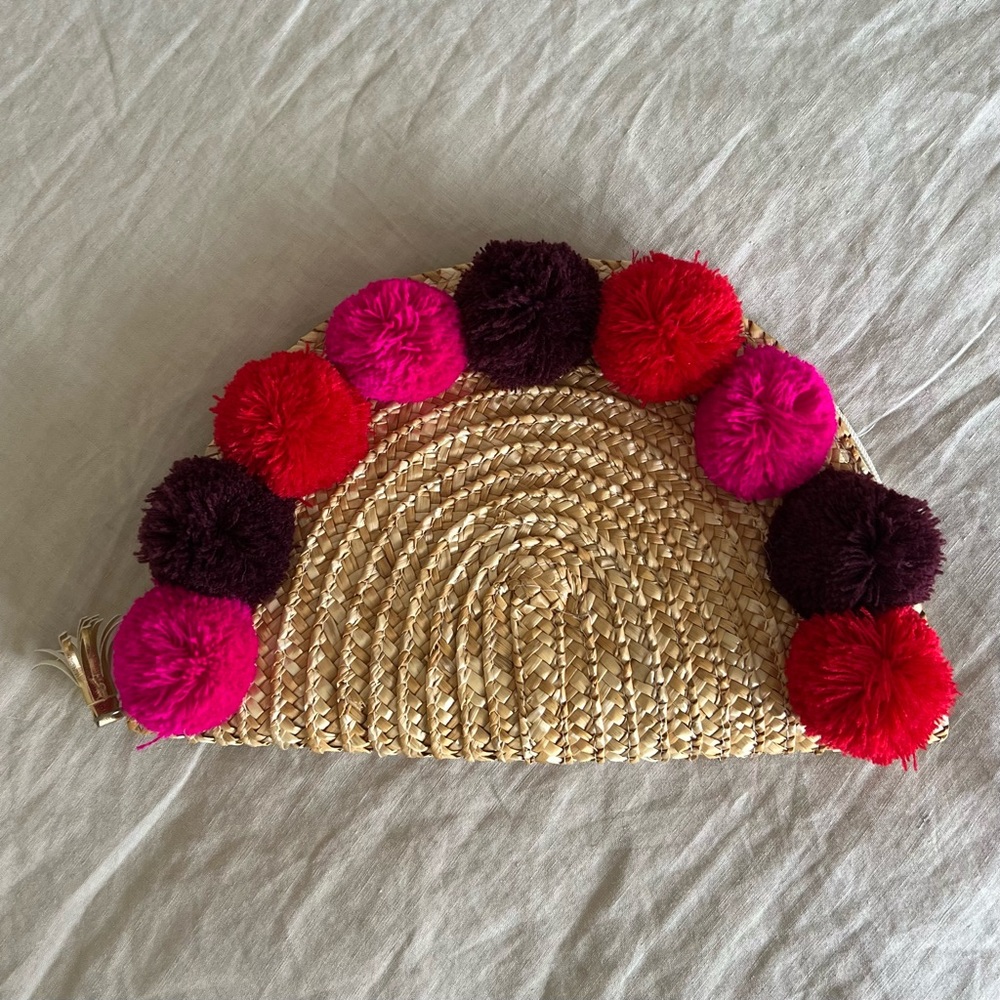 Shiraleah Chicago Pom Pom Half Moon Straw Woven Clutch